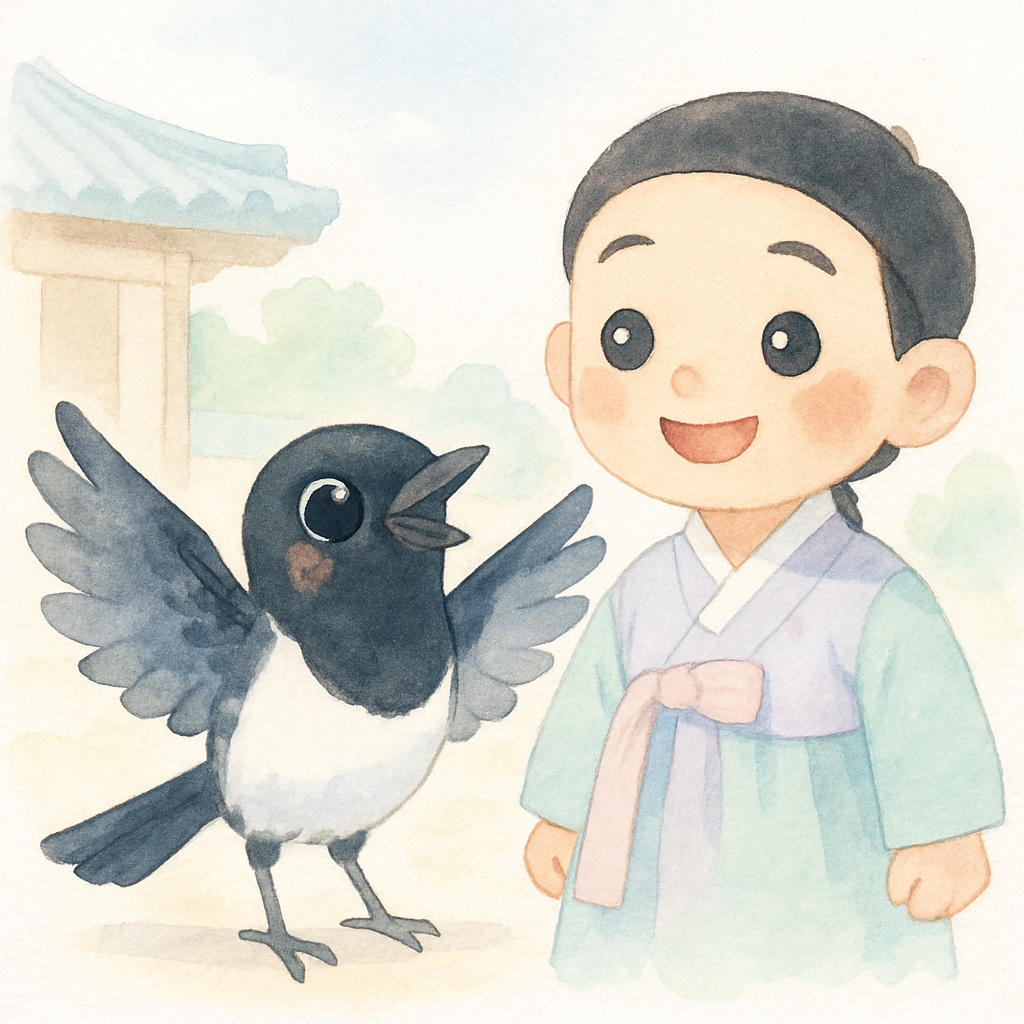 다리가 나은 까치가 날개를 펴며 기뻐하는 장면